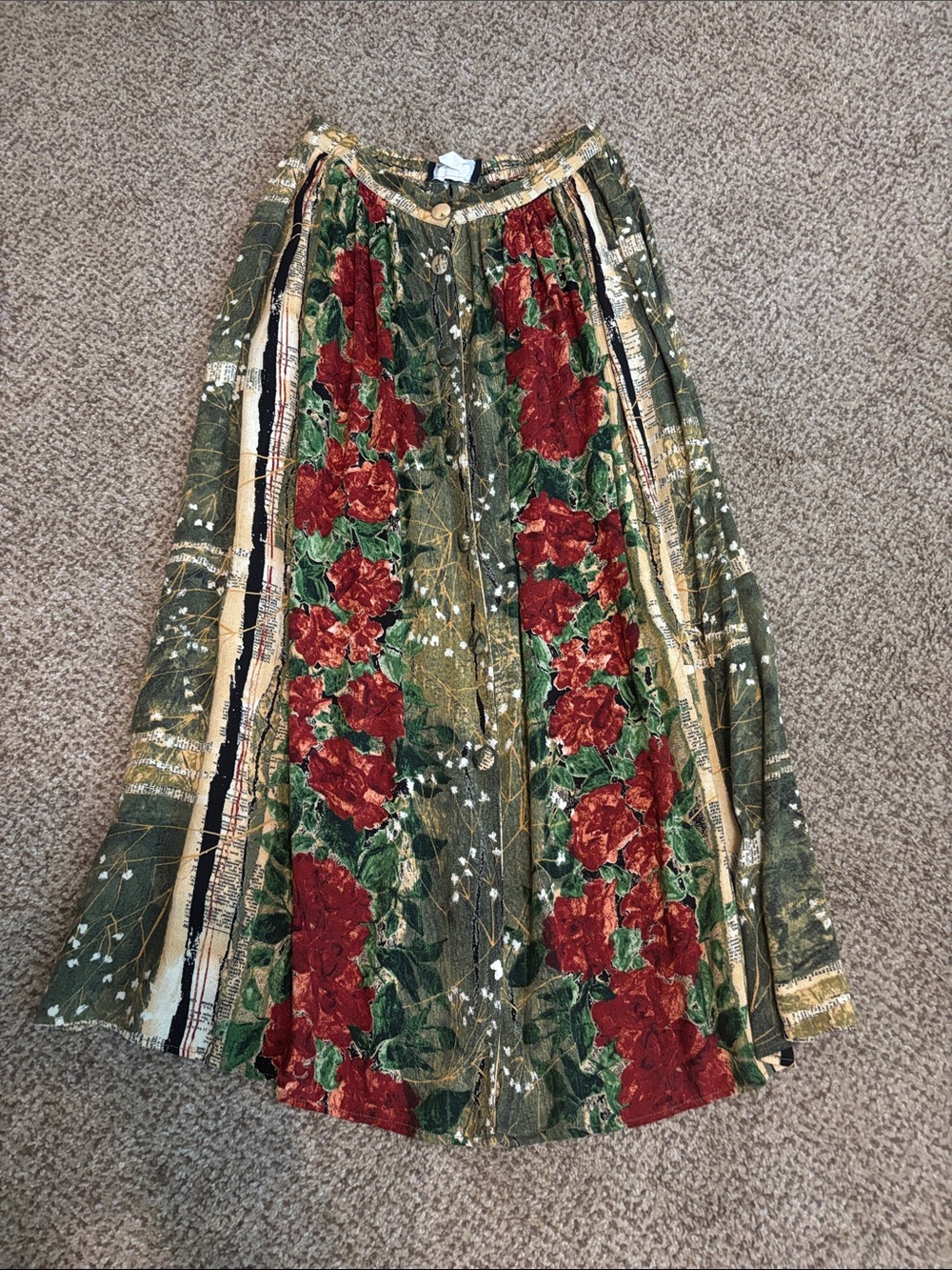 Carole Little Olive Maxi Skirt with Red Floral Panels 10